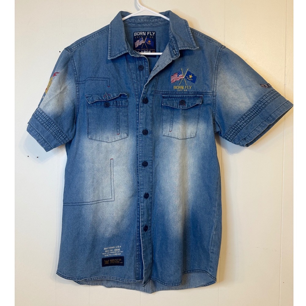 Born Fly Denim Shirt Mens Large Short Sleeve Button Up USA